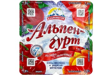 Альпенгурт Продукт йогуртный экстра сливочный 7,5% 100г Россия (вишня+персик-манго )