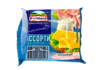 Хохланд Сыр ломтевой 45% 150г Россия (ассорти 4 сливочных 4 с ветчиной)