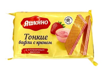 Яшкино Вафли Тонкие 144г Россия (с кремом с клубничным вкусом)